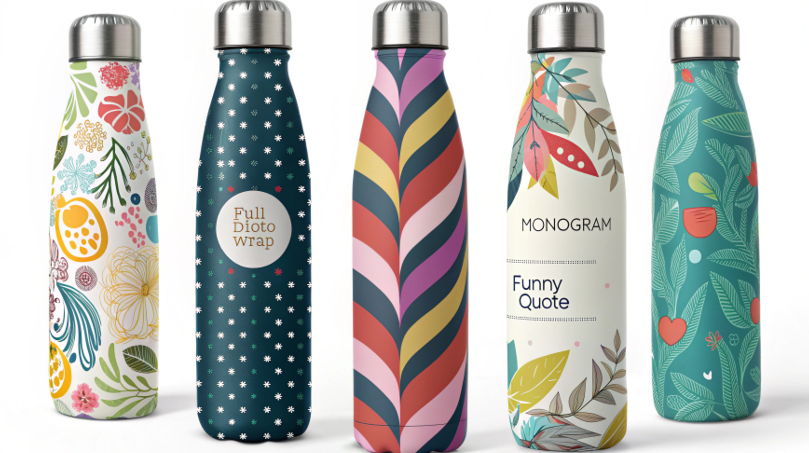 A vibrant display of different customized water bottles: one with a full photo wrap, one with a monogram, one with a funny quote, and one with a colorful abstract pattern.