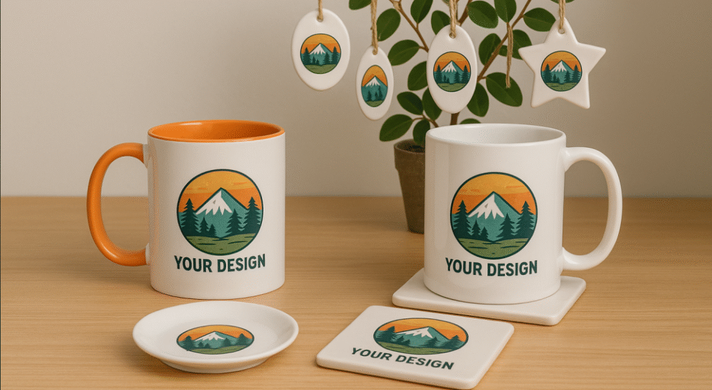 A close-up shot of a set of colorful, custom-designed sublimated coasters and a matching keychain on a wooden table, showcasing vibrant colors and a professional finish.