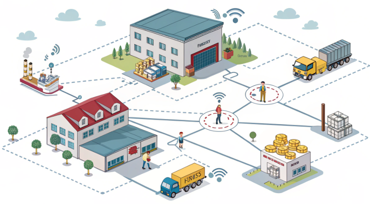 An illustration of a decentralized network: a large central warehouse is replaced by many small, local workshops connected directly to customers in their regions.