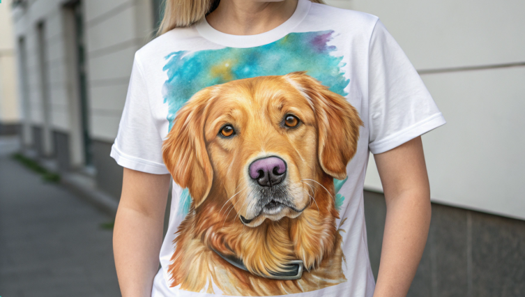 A person proudly wearing a custom t-shirt with a vibrant, realistic portrait of their golden retriever.