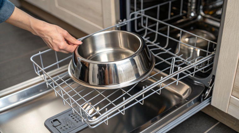 An image of a stainless steel pet bowl being placed into a dishwasher rack, showcasing its ease of cleaning.