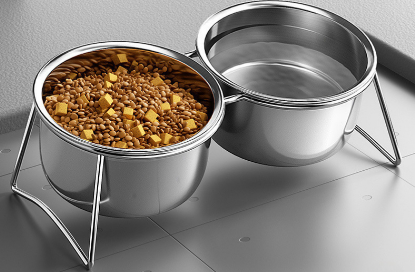 An image of a premium, elevated dog feeding station with two personalized stainless steel bowls and a matching custom-printed mat.