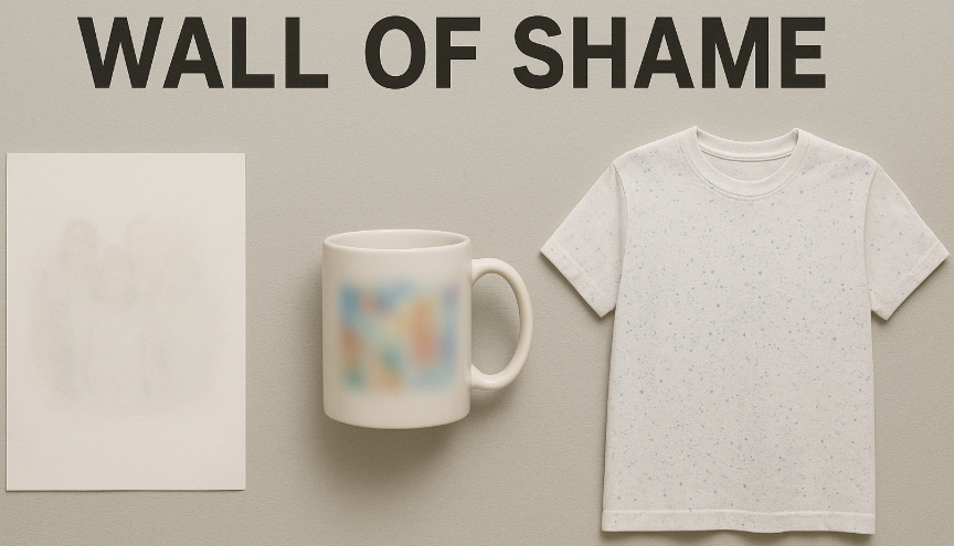 An image showing a "wall of shame" with failed sublimation projects: a ghosted image, a blurry mug, and a t-shirt with blue speckles.
