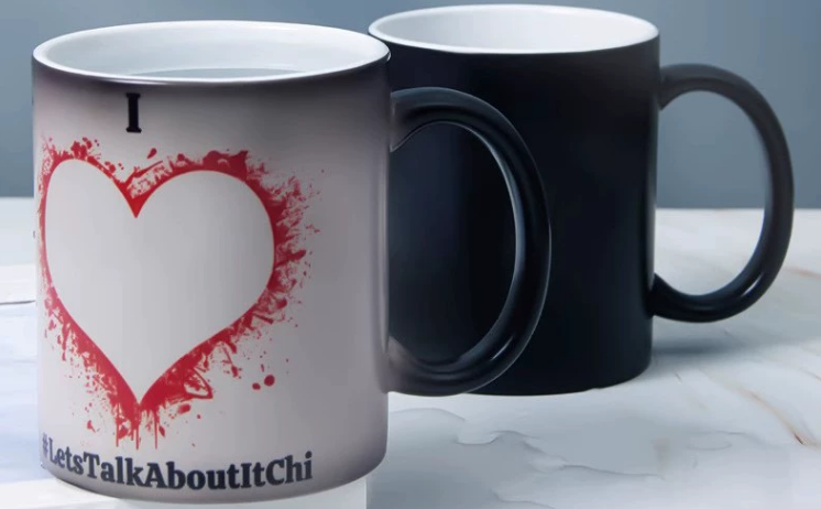 A cozy holiday scene featuring a personalized Christmas stocking, a custom photo ornament on a tree, and a Valentine's Day-themed couple's mug set.