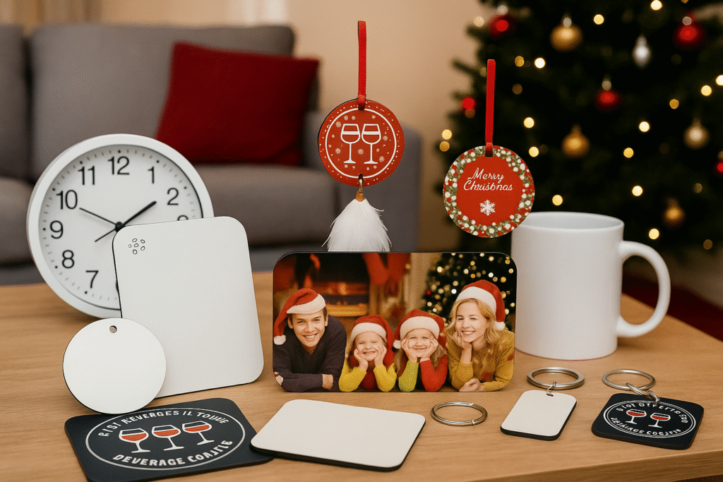 A cozy fireplace mantel decorated with custom-made items: a sublimated family portrait on a photo slate, custom stockings a small fabric banner with a holiday quote.