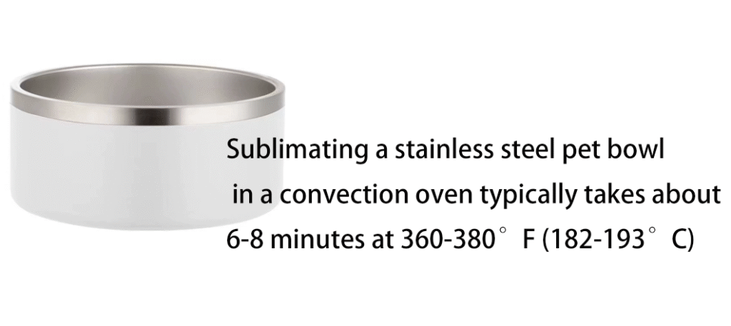 A person setting the timer and temperature on a convection oven with a shrink-wrapped pet bowl visible inside.