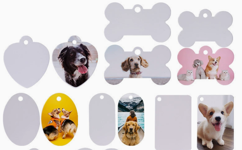 A close-up shot of a custom sublimated dog tag with a full-color photo of a cat on one side and contact information on the other.