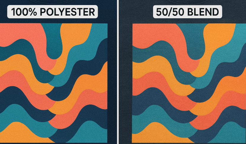 A close-up comparison of a design sublimated on a 100% polyester shirt vs. a 50/50 blend shirt.
