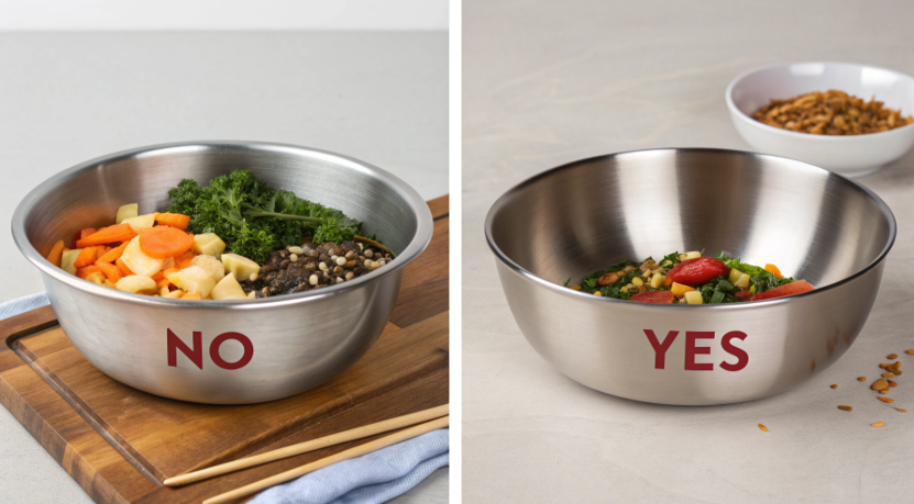 A split image showing an uncoated steel bowl on the left (with a "NO" symbol) and a coated, sublimation-ready steel bowl on the right (with a "YES" symbol).