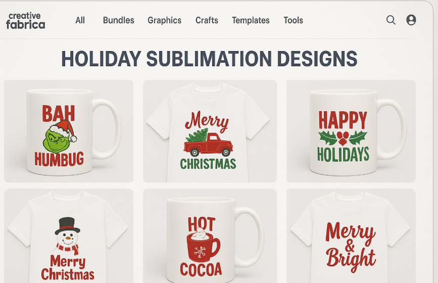 A computer screen showing the homepage of a website like Creative Fabrica, displaying a variety of holiday-themed sublimation designs for mugs and t-shirts.