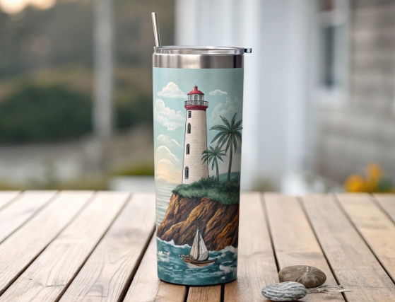 A close-up, high-quality shot of a flawlessly sublimated stainless steel tumbler, showing off vibrant colors and crisp, sharp lines in the design.