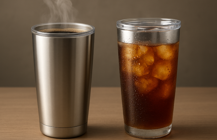 a side-by-side shot of a tumbler with steam rising out for hot coffee and another with condensation for an iced drink