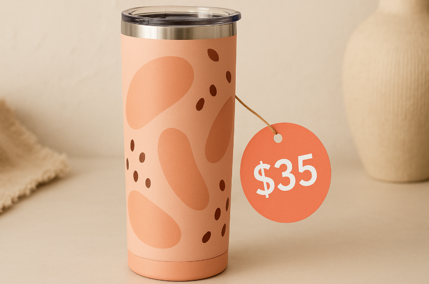 A stylish custom tumbler on a boutique-style background with a price tag graphic showing "$35".
