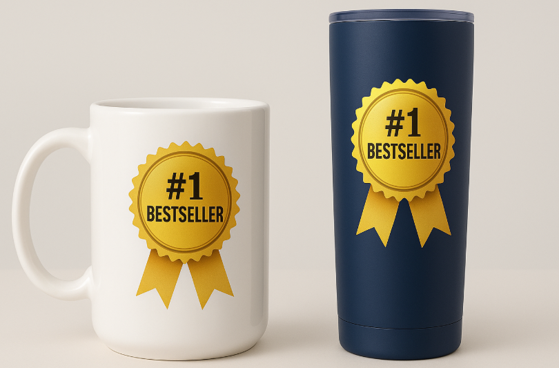 A side-by-side comparison of a generic gift basket and a stylish, personalized company mug being used and enjoyed.