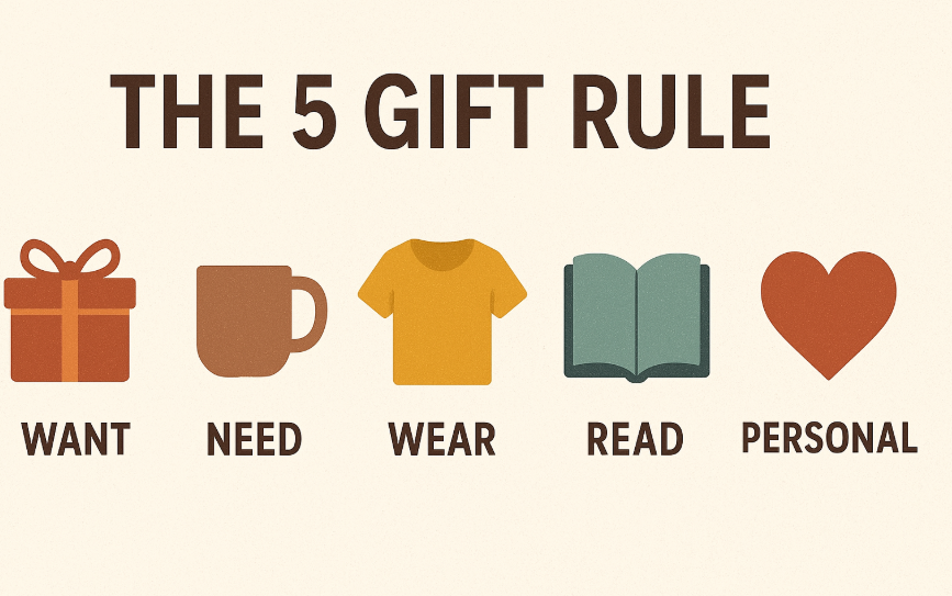 An elegant infographic displaying five icons: a gift box (Want), a coffee mug (Need), a t-shirt (Wear), a book (Read), and a heart (Personal).