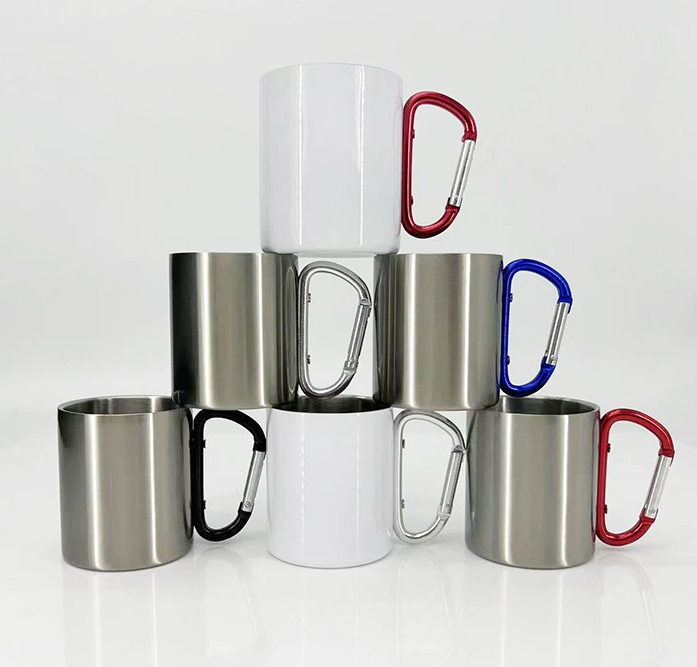 Custom 210ml Double Wall Stainless Steel Camping Mug with Carabiner, Sublimation Blank