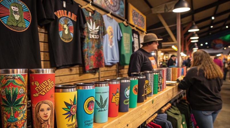 A vibrant market stall display featuring a wide array of custom tumblers and graphic t-shirts, with customers actively browsing.