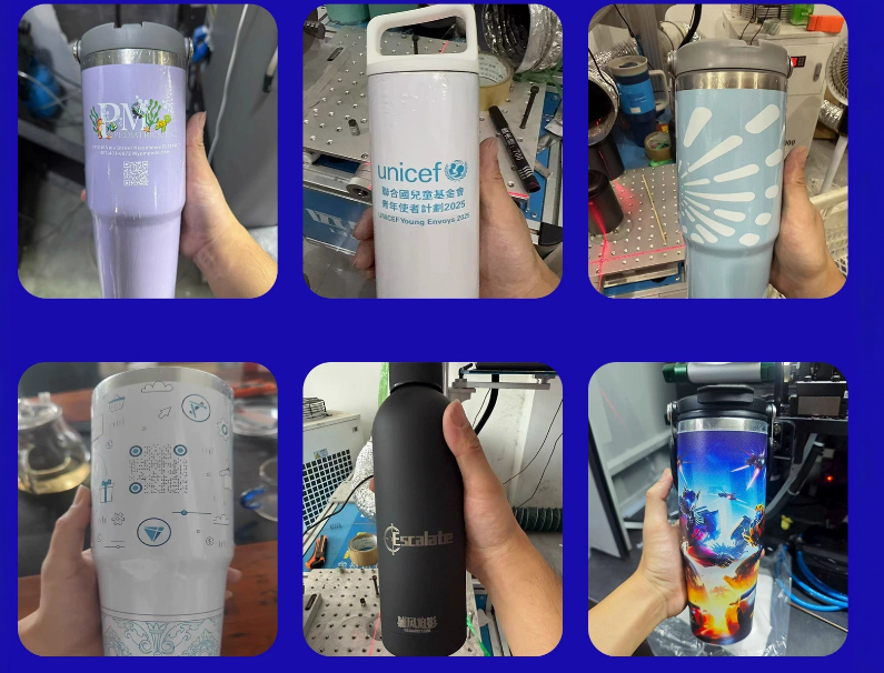 A business owner inspecting a high-quality custom logo water bottle with a vibrant, full-wrap design.