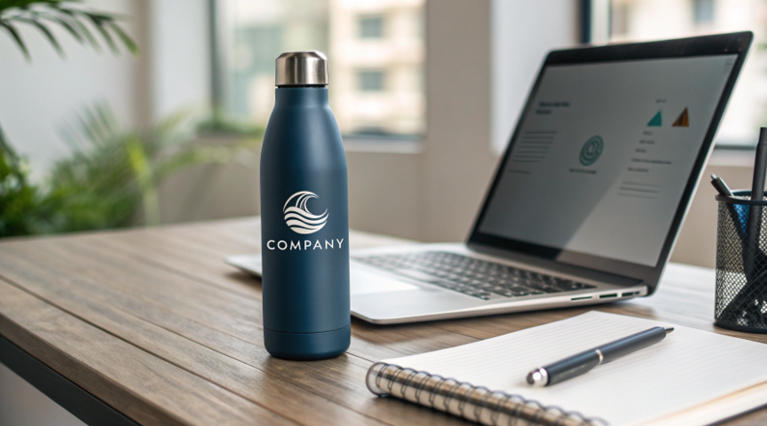 A sleek, branded custom water bottle sitting on a professional office desk next to a laptop and a notebook.