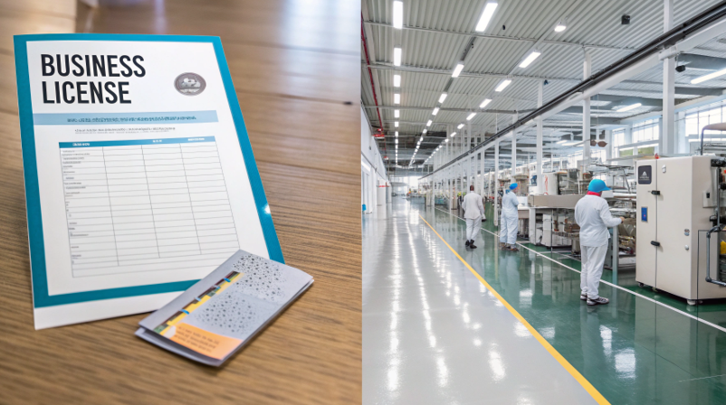 A split-screen image showing a supplier's Business License on one side, and a photo of a clean, organized factory floor on the other.