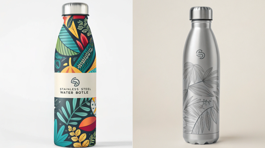 A side-by-side comparison of an old-style bottle with a small logo versus a new, trendy bottle with a vibrant full-wrap design.