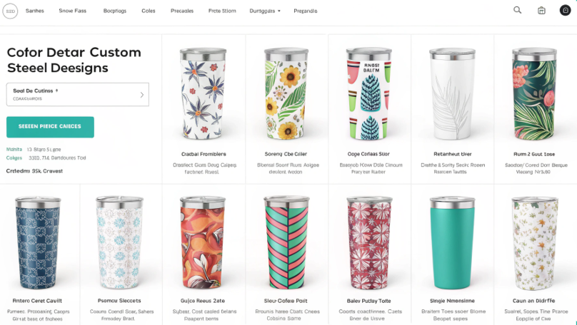 A busy online store page showing a grid of diverse and popular custom tumbler designs with high ratings.