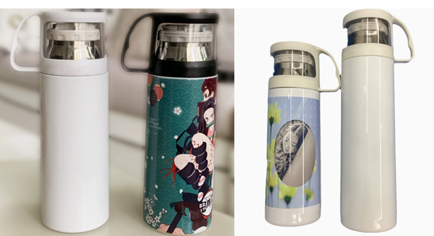 An individual proudly displaying a perfectly sublimated stainless steel tumbler with vibrant colors and a flawless, glossy finish.