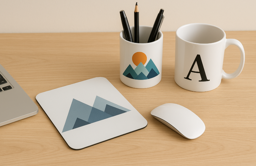 A clean, organized desk featuring personalized office gifts: a custom-designed mousepad, a sublimated pen holder with a nice graphic, and a ceramic mug with the user's initial.