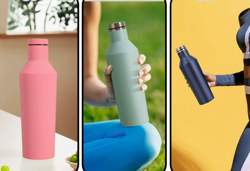 A stylish person walking down the street, holding a modern, beautifully designed custom tumbler as if it were a fashion accessory.