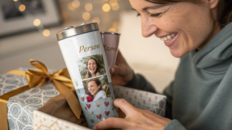 A person's face lighting up with joy as they unwrap a gift to reveal a tumbler personalized with their name and a favorite photo.