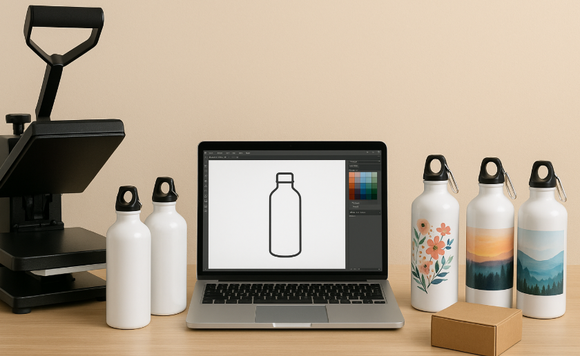A small business owner's workspace with a heat press, a few blank water bottles, design software open on a laptop, and some beautifully finished custom bottles ready for shipping.