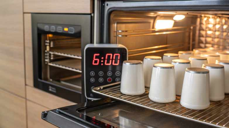 A timer next to a convection oven, displaying '6:00', with a batch of tumblers visible inside.