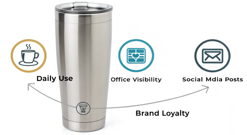 An infographic showing a single custom tumbler with arrows pointing out from it, leading to icons representing 'Daily Use', 'Office Visibility', 'Social Media Posts', and 'Brand Loyalty'.