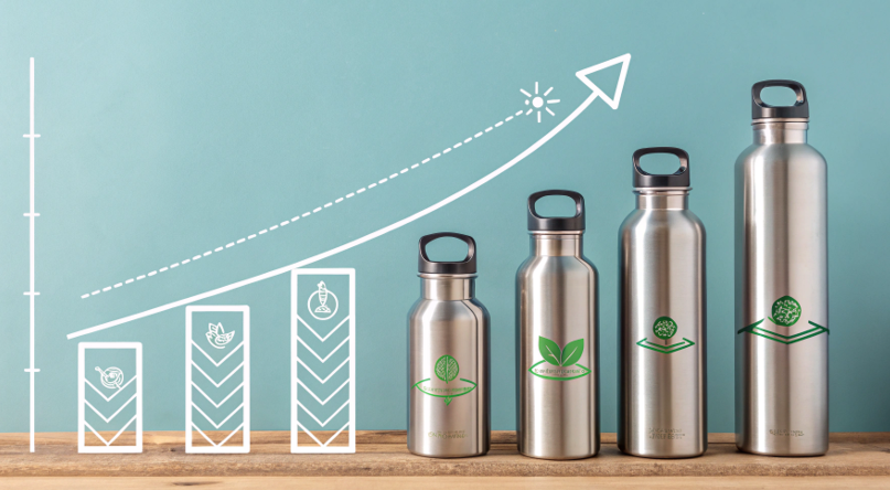 An upward-trending graph with water bottle icons on it, symbolizing a profitable and growing business.
