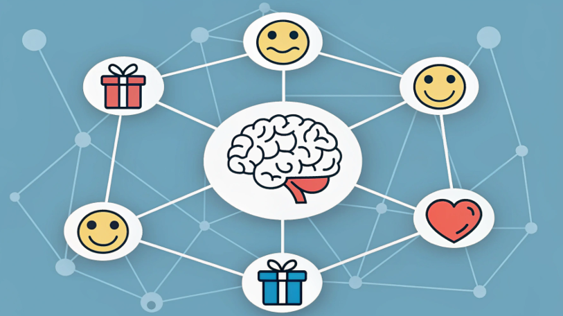 An illustration of a simple brain icon with lines connecting it to icons representing positive emotions like happiness, loyalty, and connection, all stemming from a gift box icon.