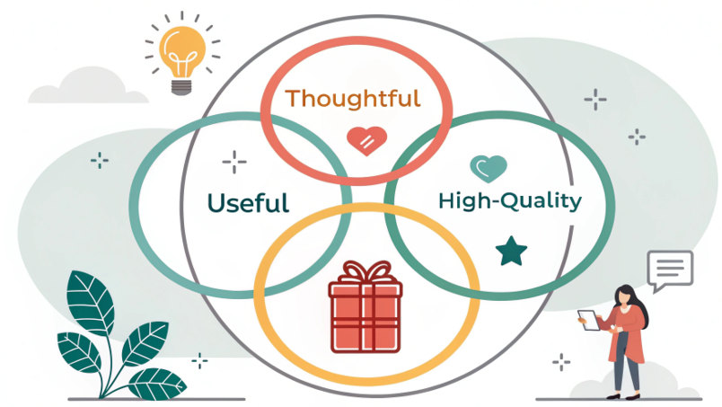 A diagram showing three interconnecting circles labeled 'Thoughtful', 'Useful', and 'High-Quality', with a perfectly sublimated, personalized gift in the center.