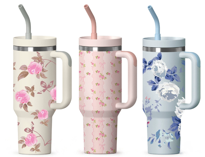 A photo of the most popular style of tumbler: large, with a prominent handle and straw, shown in a variety of modern colors.