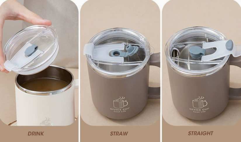 A person's busy desk showing a tumbler cup fitting perfectly, keeping their drink secure while they work.