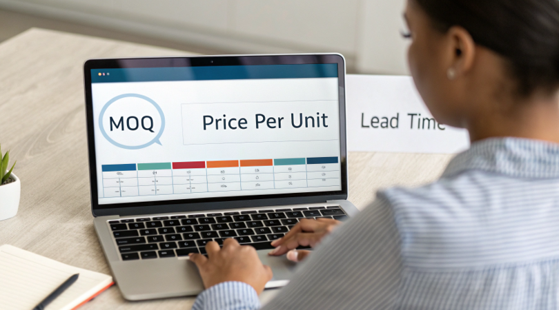 A person looking at a clear quote on a laptop screen that shows columns for MOQ, Price Per Unit, and Lead Time.