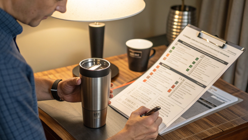 A person inspecting a sample tumbler from a potential supplier, checking the quality of the print and the material against a detailed checklist.