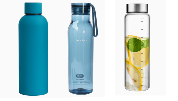 Side-by-side comparison of three water bottles: a sleek stainless steel one, a clear Tritan plastic one, and an elegant glass one.
