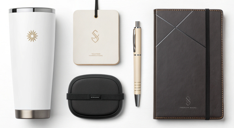 An elegant flat-lay of modern corporate gift ideas: a custom tumbler, a wireless charger, a nice notebook, and a high-quality pen.