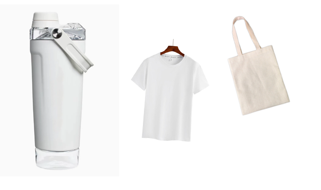 A collection of high-quality promotional merchandise: a sleek, branded tumbler, a soft, well-designed t-shirt, and a durable canvas tote bag.