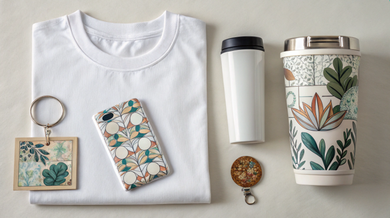 A flat-lay photograph showing an assortment of sublimation blanks: a white polyester t-shirt, a coated tumbler, a ceramic tile, and a metal keychain.