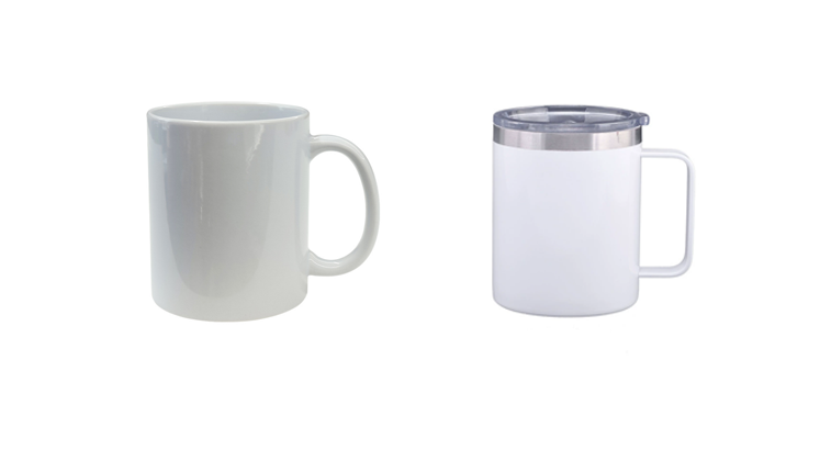 A side-by-side comparison of a classic white sublimation ceramic mug and a sleek sublimation stainless steel tumbler.
