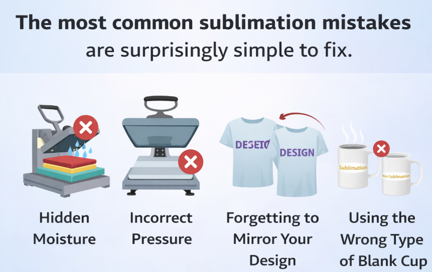 An illustrated checklist with icons for common mistakes: a water droplet with a slash, a pressure gauge, a mirrored "R," and a mug with a question mark.