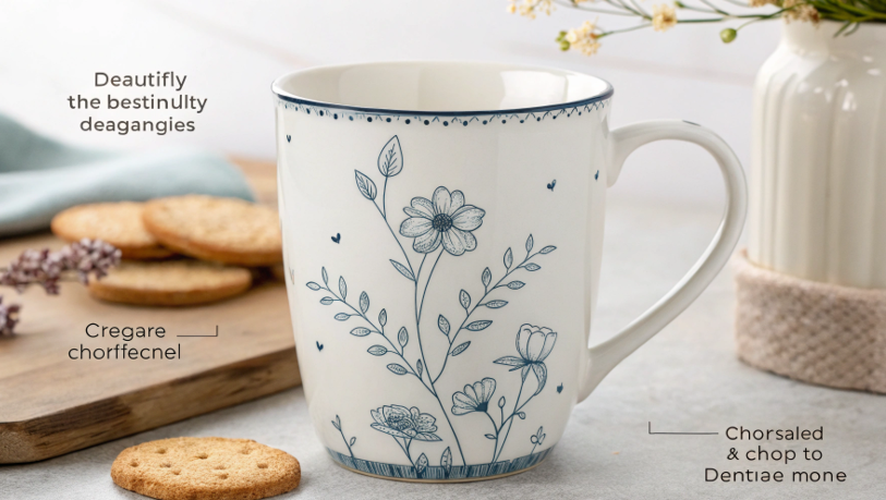 A picture of a beautifully designed ceramic mug with a noticeable chip on the rim, illustrating its fragility.