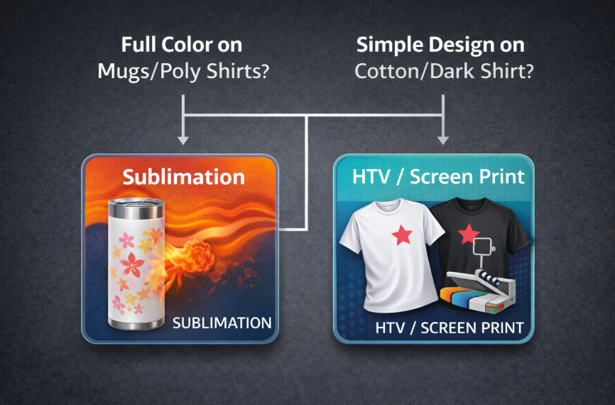 A decision tree graphic. One path says "Full Color on Mugs/Poly Shirts?" pointing to a Sublimation icon. Another path says "Simple Design on Cotton/Dark Shirt?" pointing to an HTV/Screen Print icon.