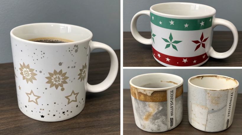A collage of common sublimation failures on mugs, showing ghosting, faded spots, yellowing, and tape marks.