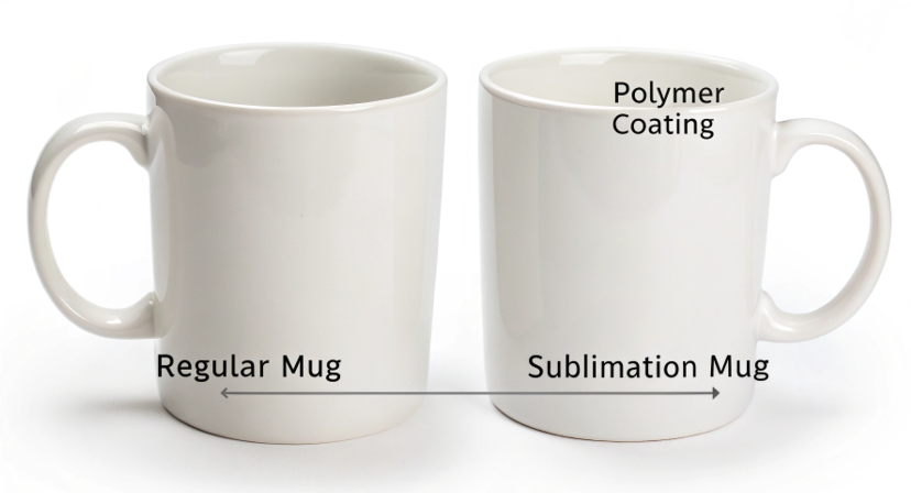 A glossy, high-quality blank sublimation mug next to a cheap, dull-looking mug to show the difference in coating quality.